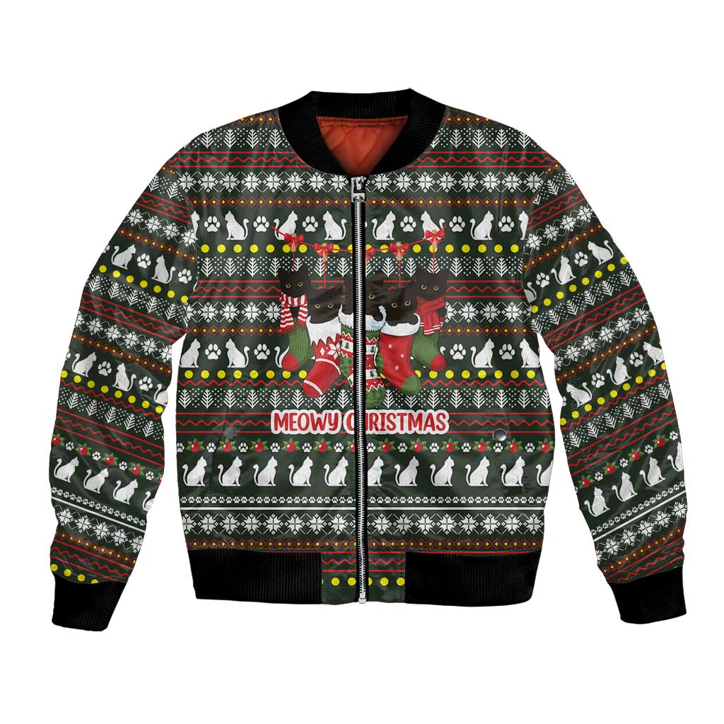 Black Cats in Stockings Bomber Jacket with Meowy Christmas Quote on Festive Pattern Design - Wonder Print Shop