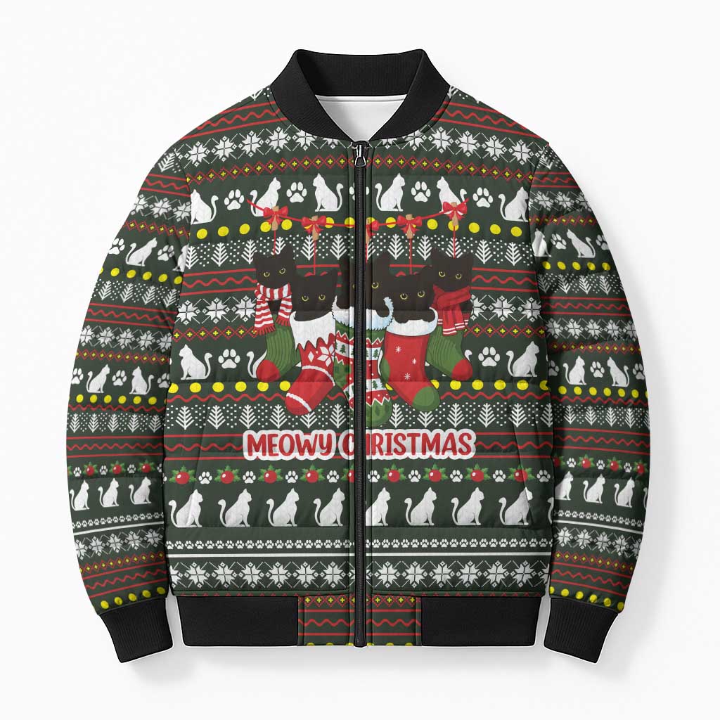 Black Cats in Stockings Bomber Puffer Jacket with Meowy Christmas Quote on Festive Pattern Design - Wonder Print Shop