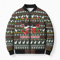 Black Cats in Stockings Bomber Puffer Jacket with Meowy Christmas Quote on Festive Pattern Design - Wonder Print Shop