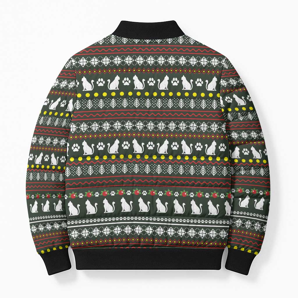 Black Cats in Stockings Bomber Puffer Jacket with Meowy Christmas Quote on Festive Pattern Design - Wonder Print Shop
