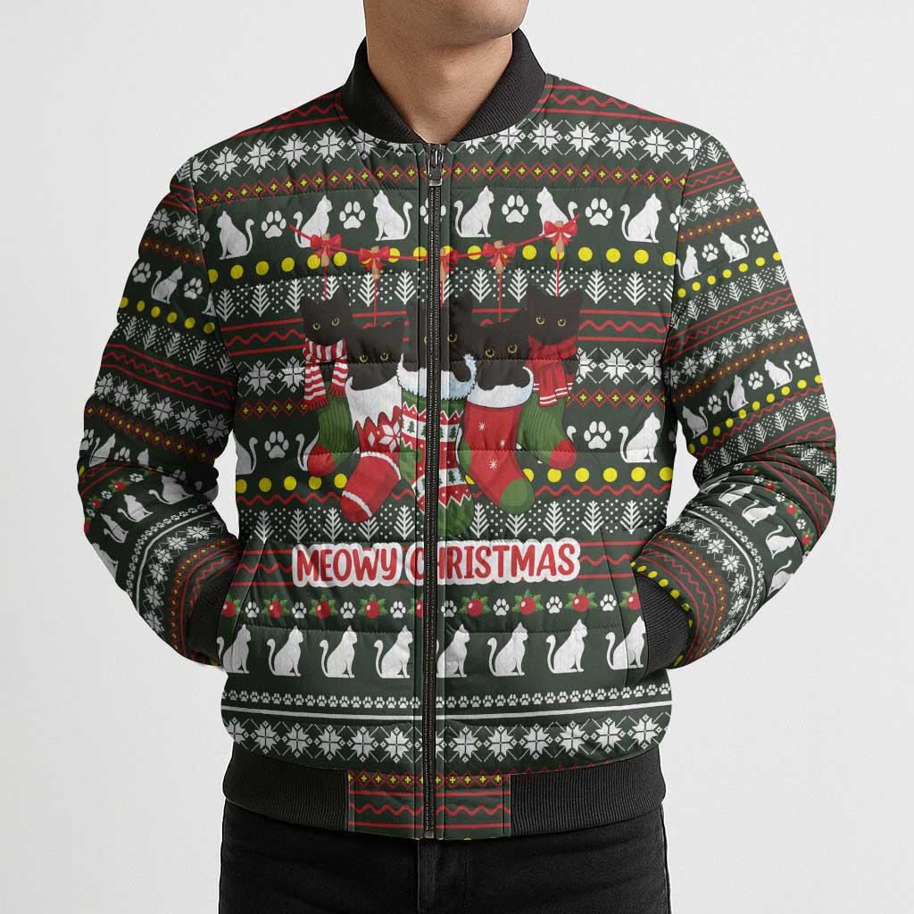 Black Cats in Stockings Bomber Puffer Jacket with Meowy Christmas Quote on Festive Pattern Design - Wonder Print Shop