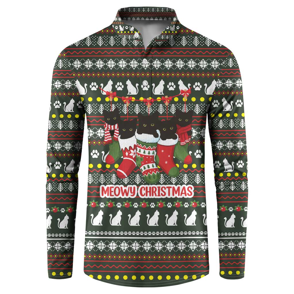 Black Cats in Stockings Button Sweatshirt with Meowy Christmas Quote on Festive Pattern Design - Wonder Print Shop