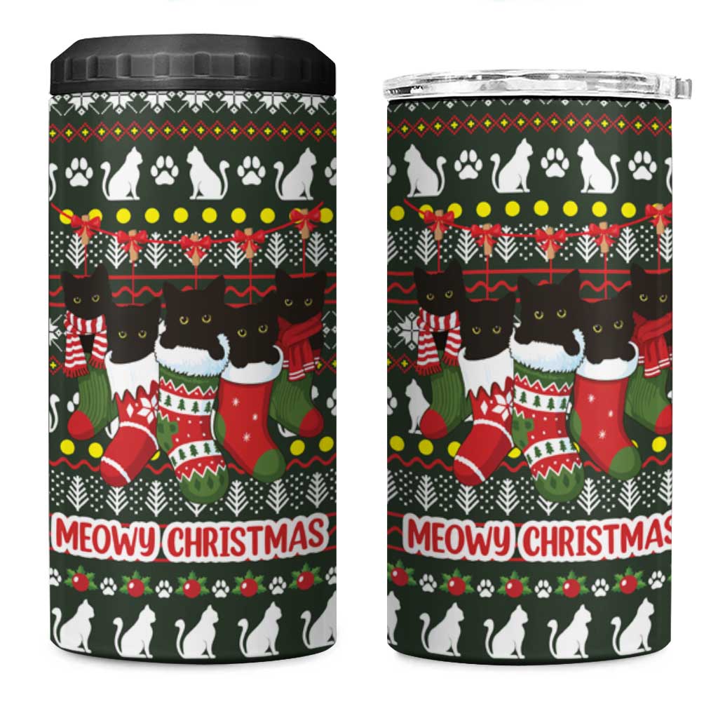 Black Cats in Stockings 4 in 1 Can Cooler Tumbler with Meowy Christmas Quote on Festive Pattern Design - Wonder Print Shop
