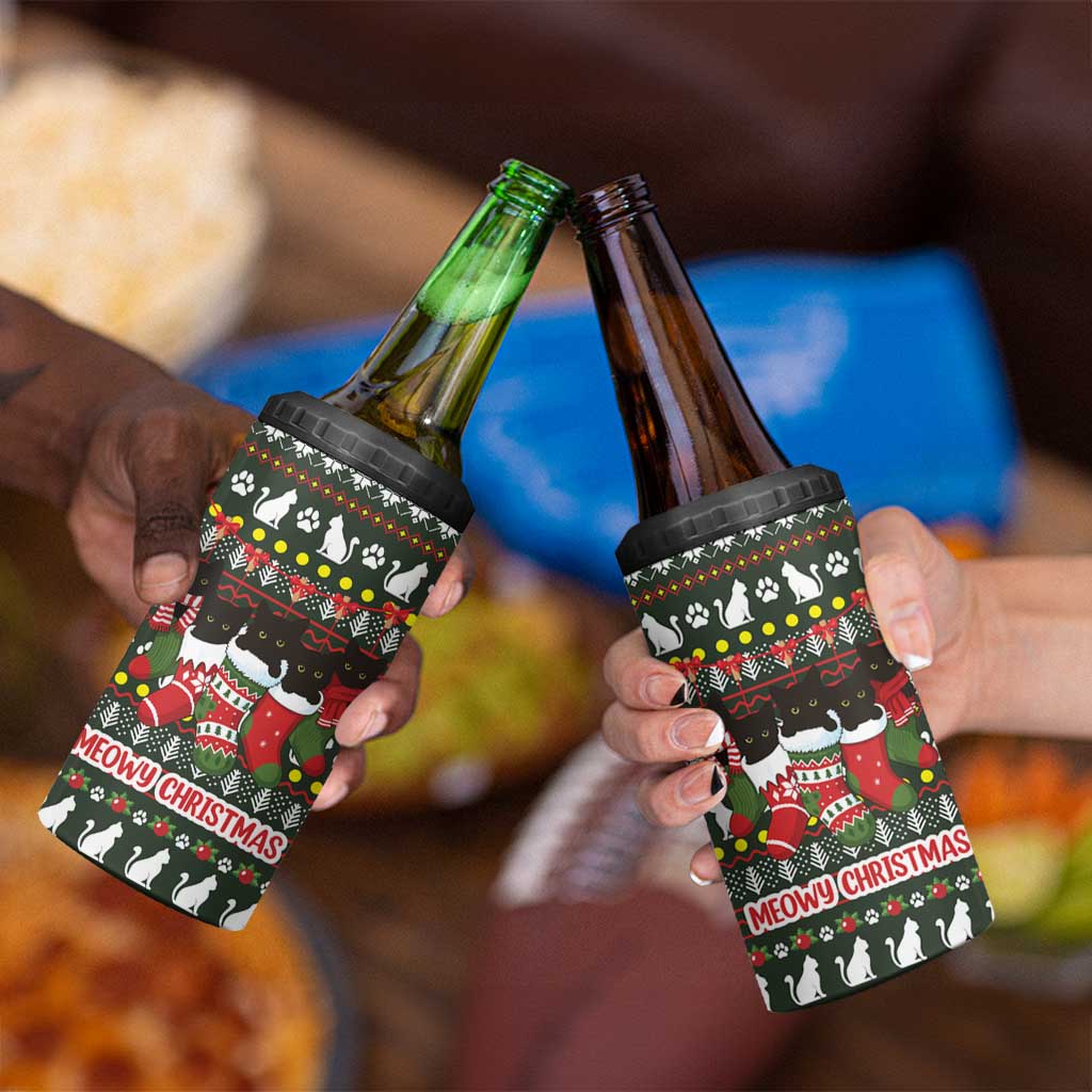 Black Cats in Stockings 4 in 1 Can Cooler Tumbler with Meowy Christmas Quote on Festive Pattern Design - Wonder Print Shop