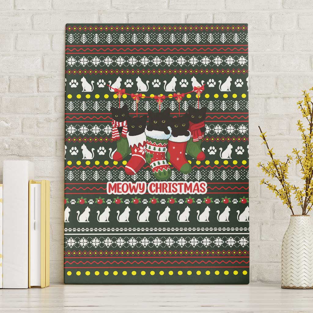 Black Cats in Stockings Canvas Wall Art with Meowy Christmas Quote on Festive Pattern Design - Wonder Print Shop