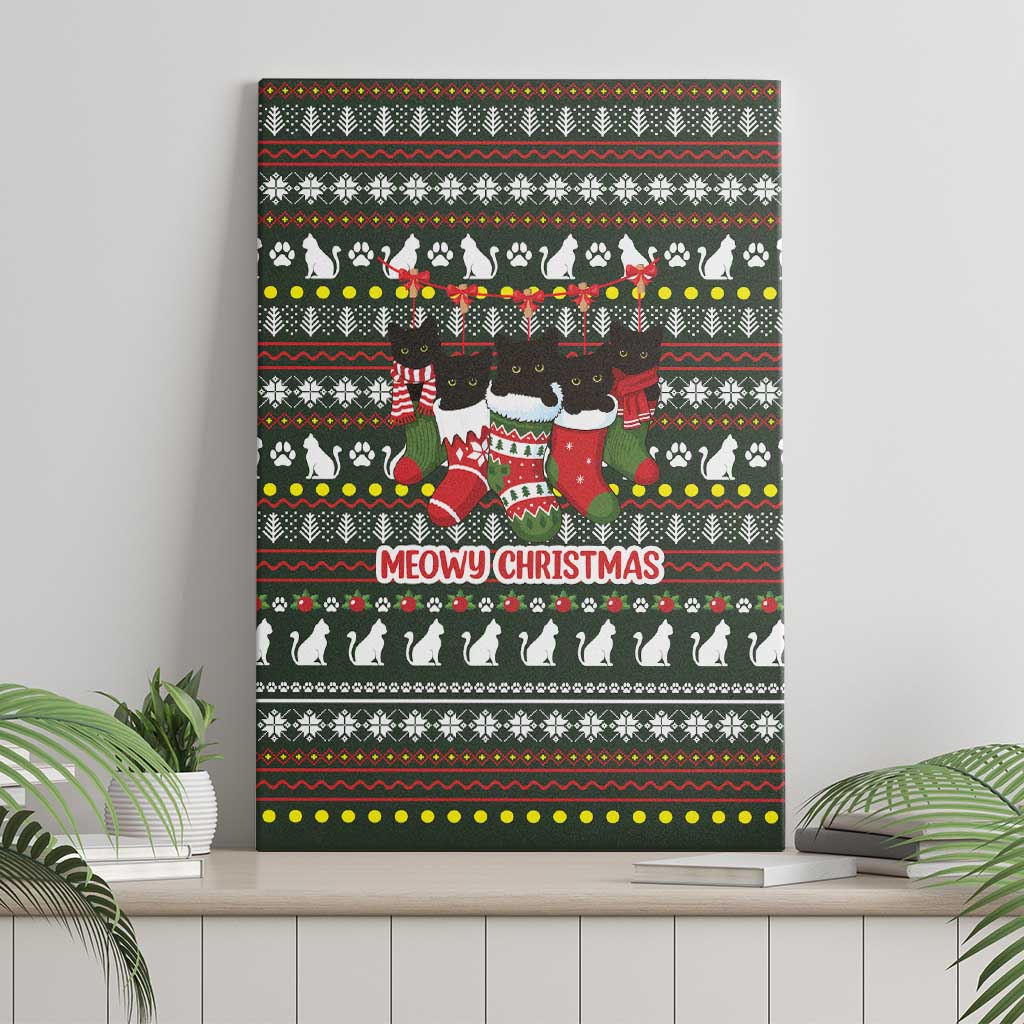 Black Cats in Stockings Canvas Wall Art with Meowy Christmas Quote on Festive Pattern Design - Wonder Print Shop