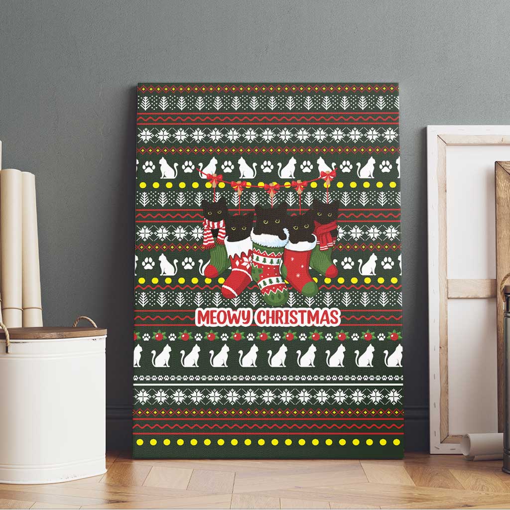 Black Cats in Stockings Canvas Wall Art with Meowy Christmas Quote on Festive Pattern Design - Wonder Print Shop