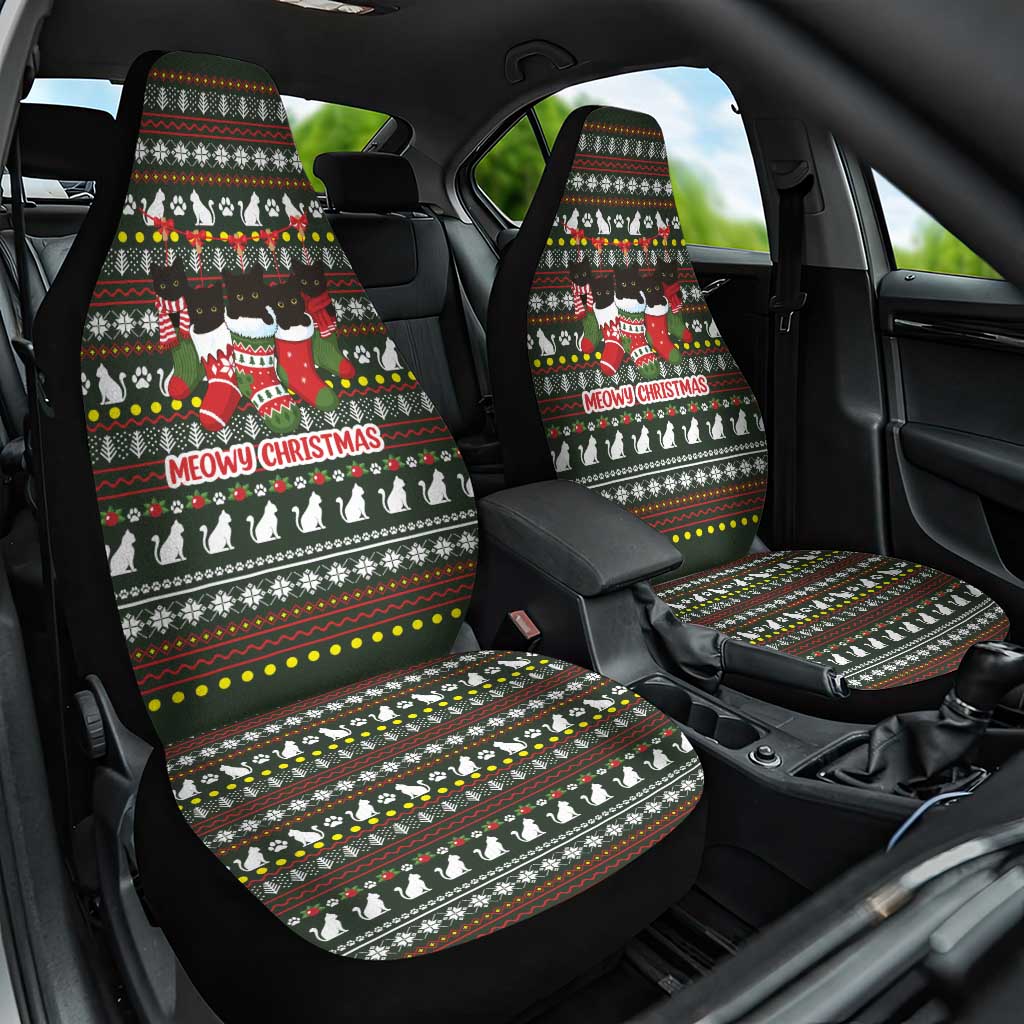 Black Cats in Stockings Car Seat Cover with Meowy Christmas Quote on Festive Pattern Design - Wonder Print Shop