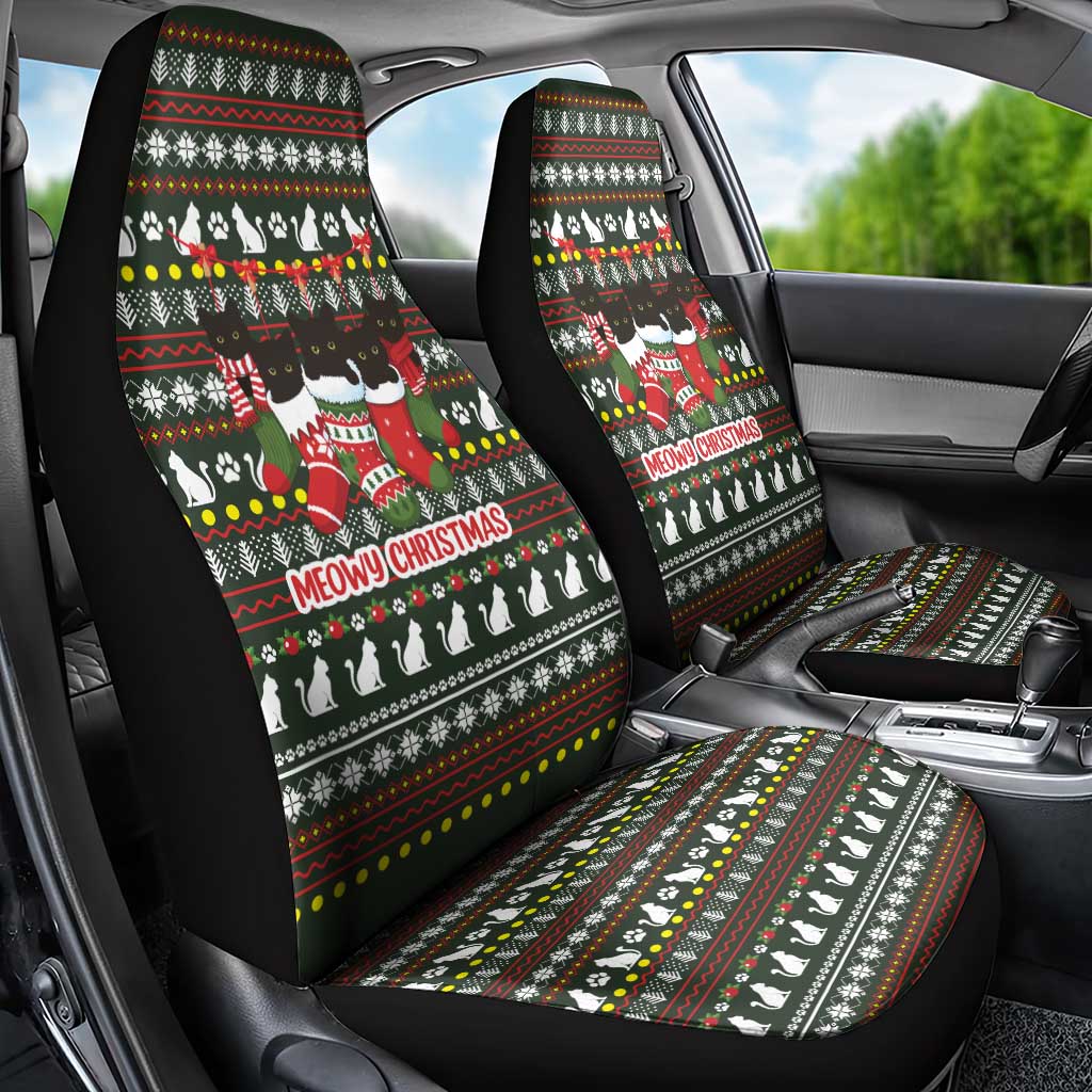 Black Cats in Stockings Car Seat Cover with Meowy Christmas Quote on Festive Pattern Design - Wonder Print Shop