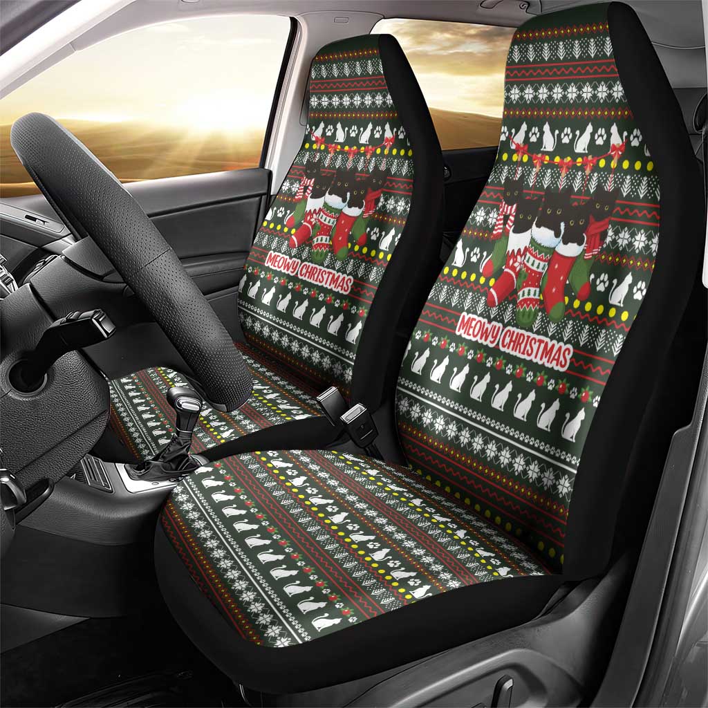 Black Cats in Stockings Car Seat Cover with Meowy Christmas Quote on Festive Pattern Design - Wonder Print Shop