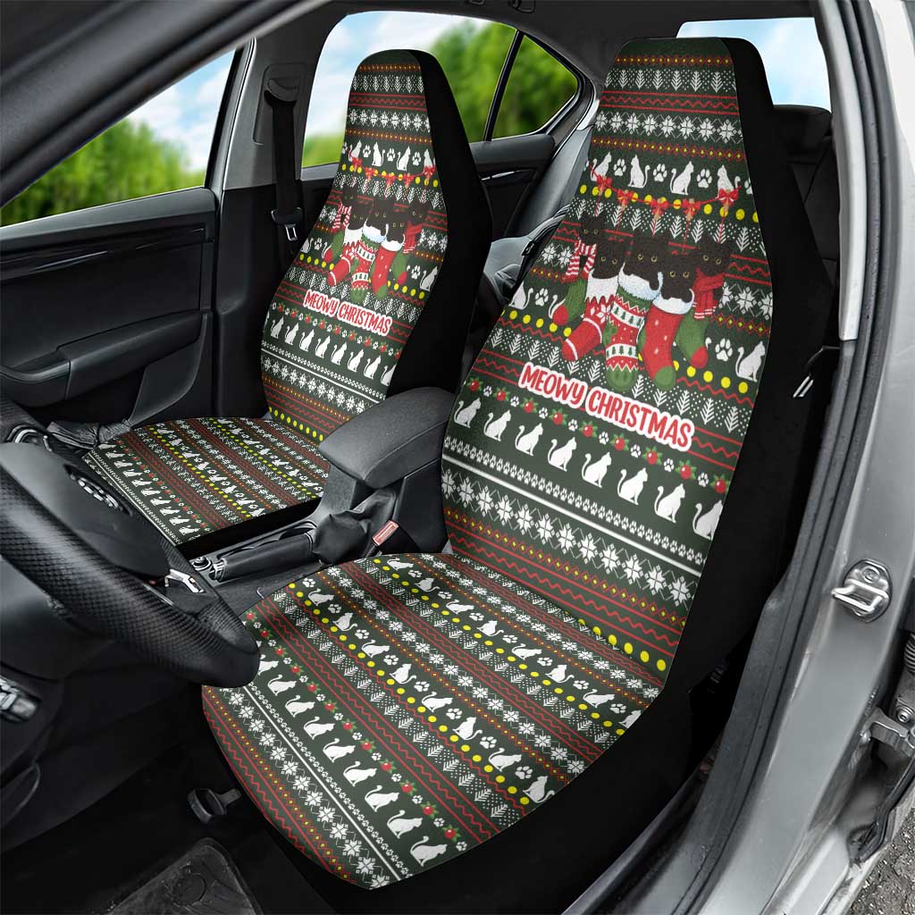 Black Cats in Stockings Car Seat Cover with Meowy Christmas Quote on Festive Pattern Design - Wonder Print Shop
