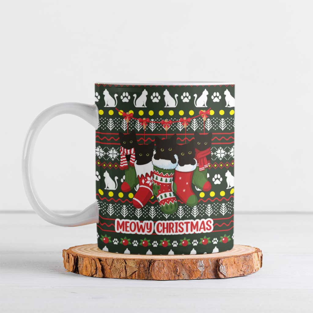 Black Cats in Stockings Ceramic Mug with Meowy Christmas Quote on Festive Pattern Design - Wonder Print Shop