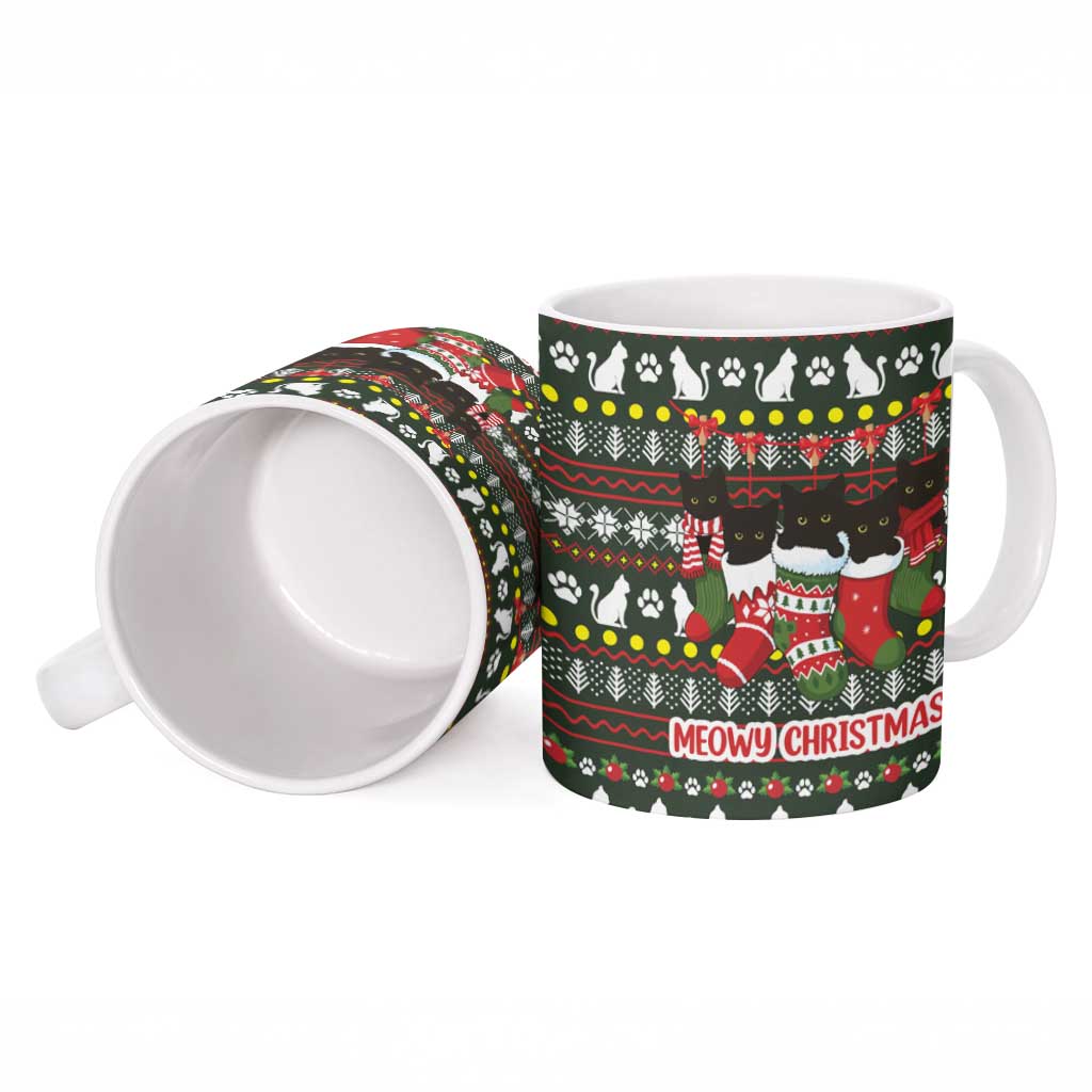 Black Cats in Stockings Ceramic Mug with Meowy Christmas Quote on Festive Pattern Design - Wonder Print Shop