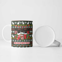 Black Cats in Stockings Ceramic Mug with Meowy Christmas Quote on Festive Pattern Design - Wonder Print Shop