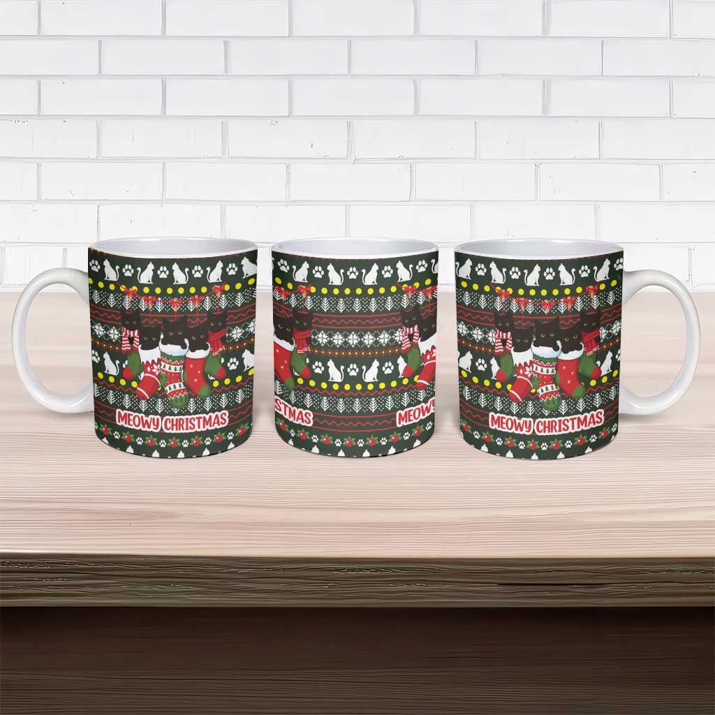 Black Cats in Stockings Ceramic Mug with Meowy Christmas Quote on Festive Pattern Design - Wonder Print Shop