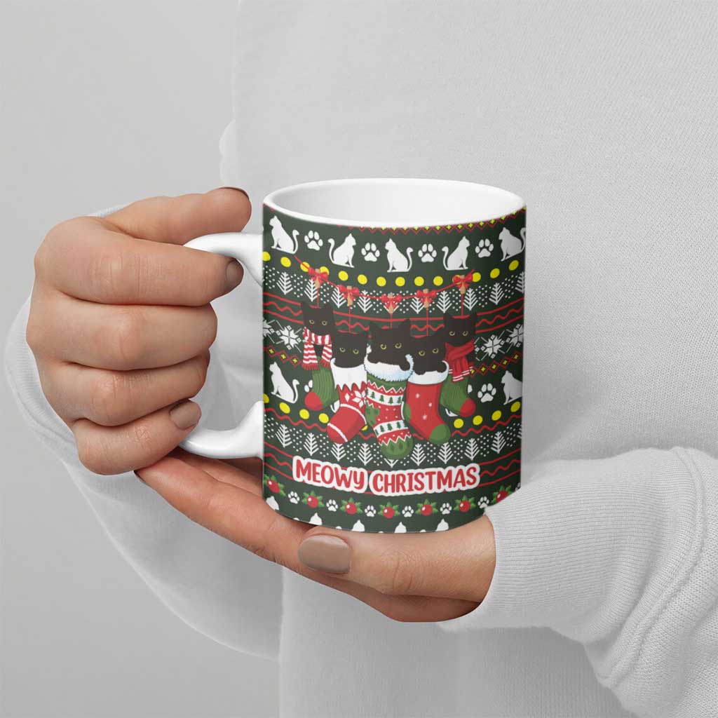 Black Cats in Stockings Ceramic Mug with Meowy Christmas Quote on Festive Pattern Design - Wonder Print Shop