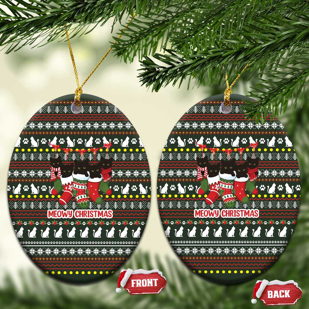 Black Cats in Stockings Ceramic Ornament with Meowy Christmas Quote on Festive Pattern Design - Wonder Print Shop