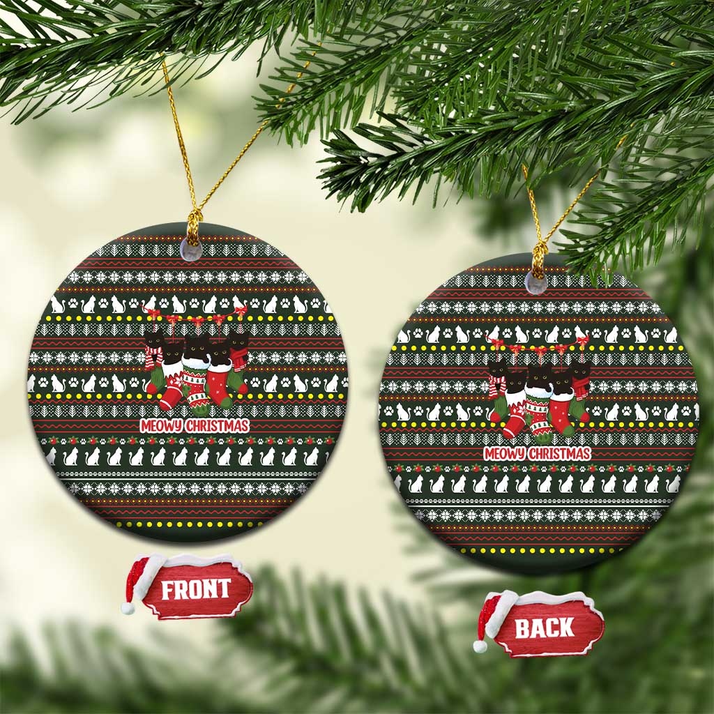 Black Cats in Stockings Ceramic Ornament with Meowy Christmas Quote on Festive Pattern Design - Wonder Print Shop