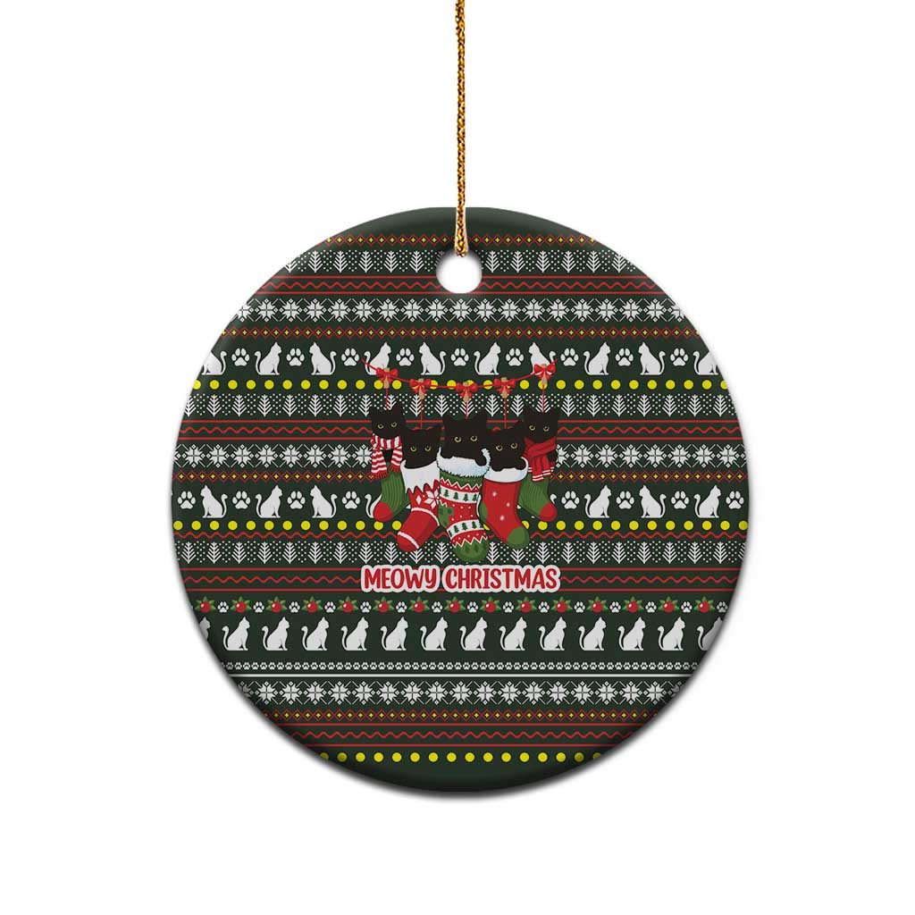 Black Cats in Stockings Ceramic Ornament with Meowy Christmas Quote on Festive Pattern Design - Wonder Print Shop