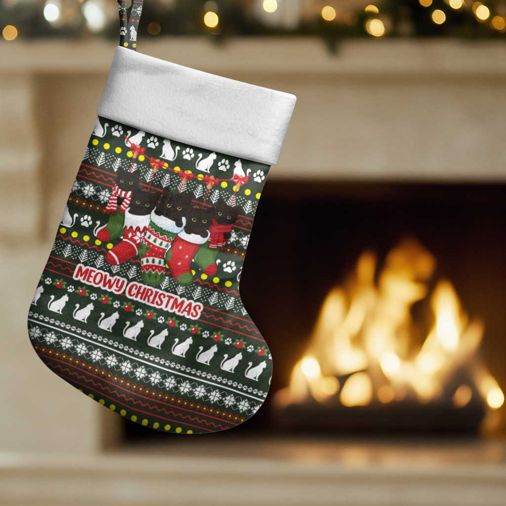 Black Cats in Stockings Christmas Stocking with Meowy Christmas Quote on Festive Pattern Design - Wonder Print Shop