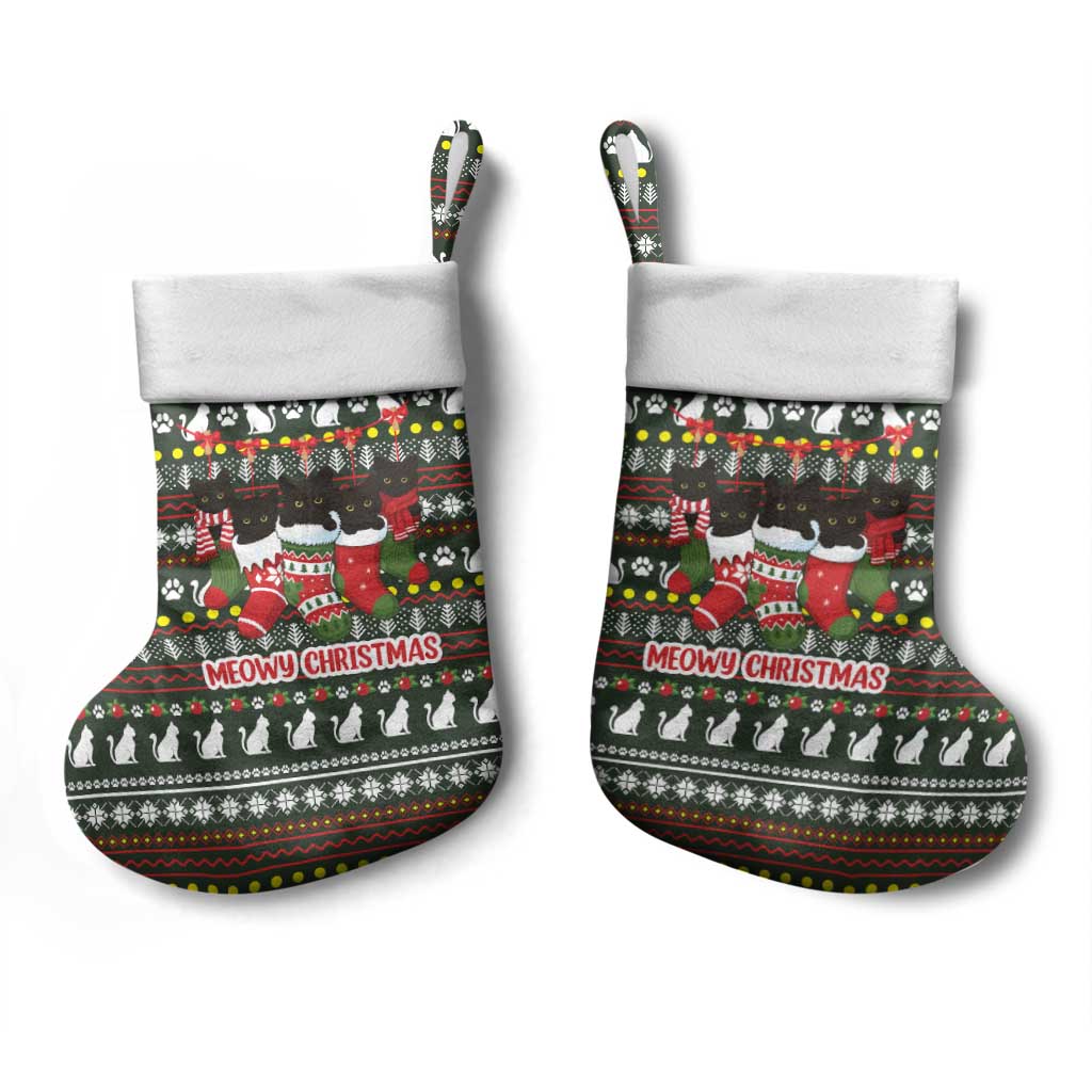 Black Cats in Stockings Christmas Stocking with Meowy Christmas Quote on Festive Pattern Design - Wonder Print Shop