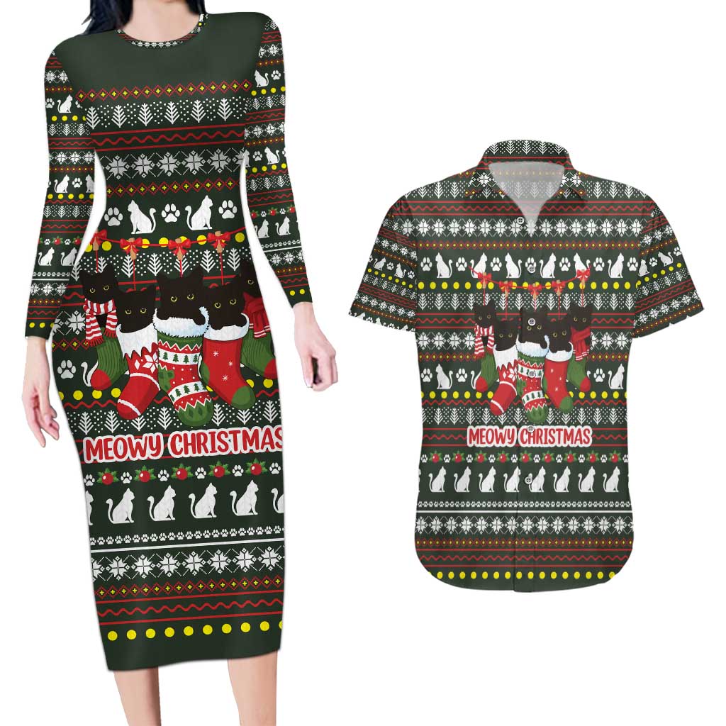 Black Cats in Stockings Couples Matching Long Sleeve Bodycon Dress and Hawaiian Shirt with Meowy Christmas Quote on Festive Pattern Design - Wonder Print Shop