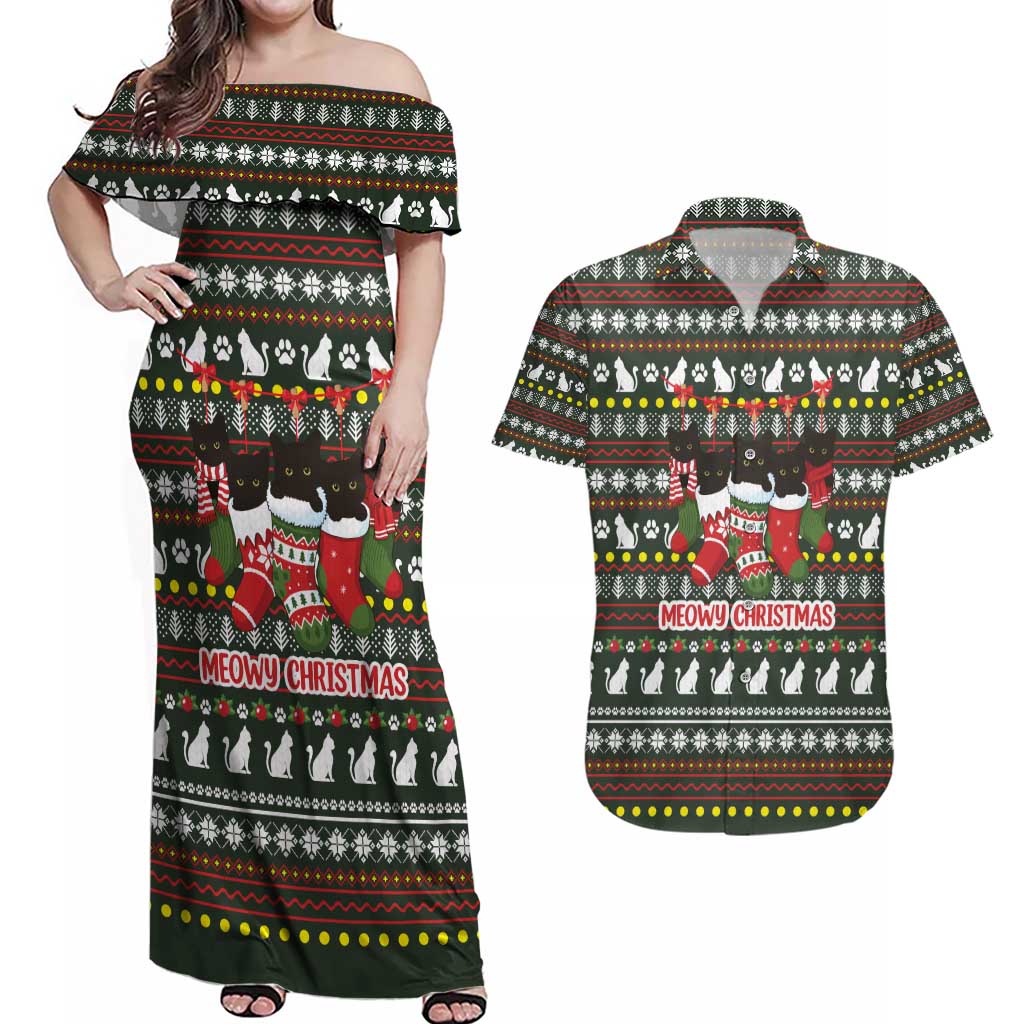 Black Cats in Stockings Couples Matching Off Shoulder Maxi Dress and Hawaiian Shirt with Meowy Christmas Quote on Festive Pattern Design - Wonder Print Shop