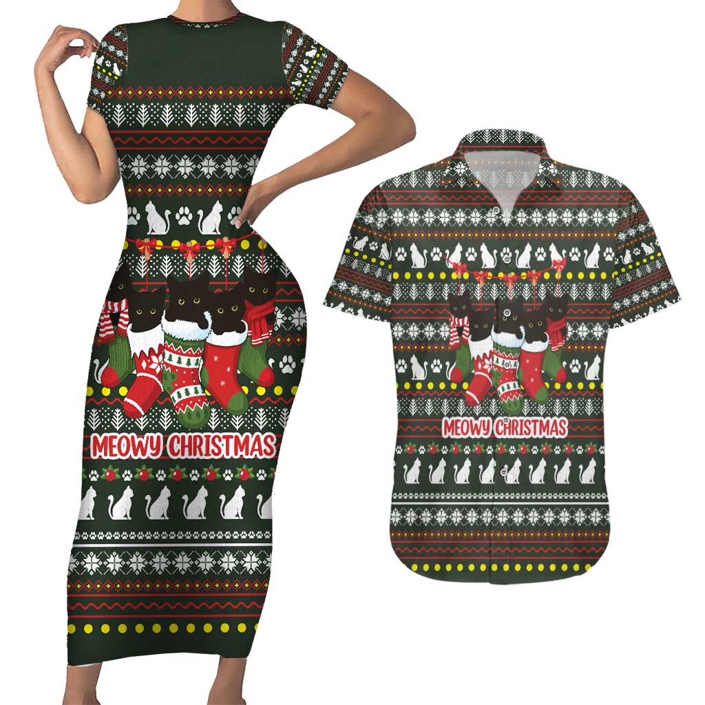 Black Cats in Stockings Couples Matching Short Sleeve Bodycon Dress and Hawaiian Shirt with Meowy Christmas Quote on Festive Pattern Design - Wonder Print Shop