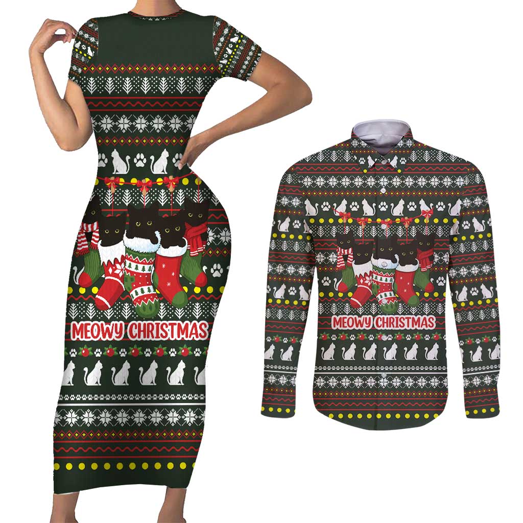 Black Cats in Stockings Couples Matching Short Sleeve Bodycon Dress and Long Sleeve Button Shirt with Meowy Christmas Quote on Festive Pattern Design - Wonder Print Shop