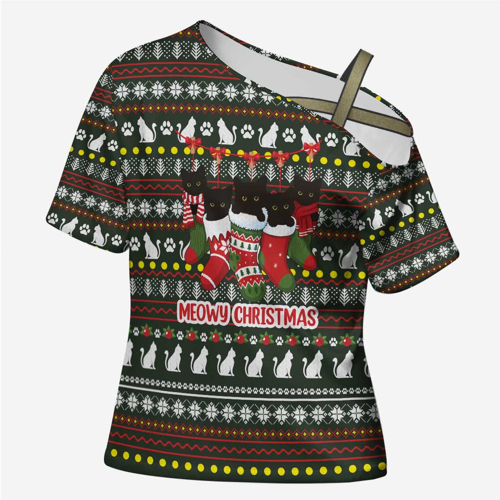 Black Cats in Stockings Cross Shoulder Shirt with Meowy Christmas Quote on Festive Pattern Design - Wonder Print Shop