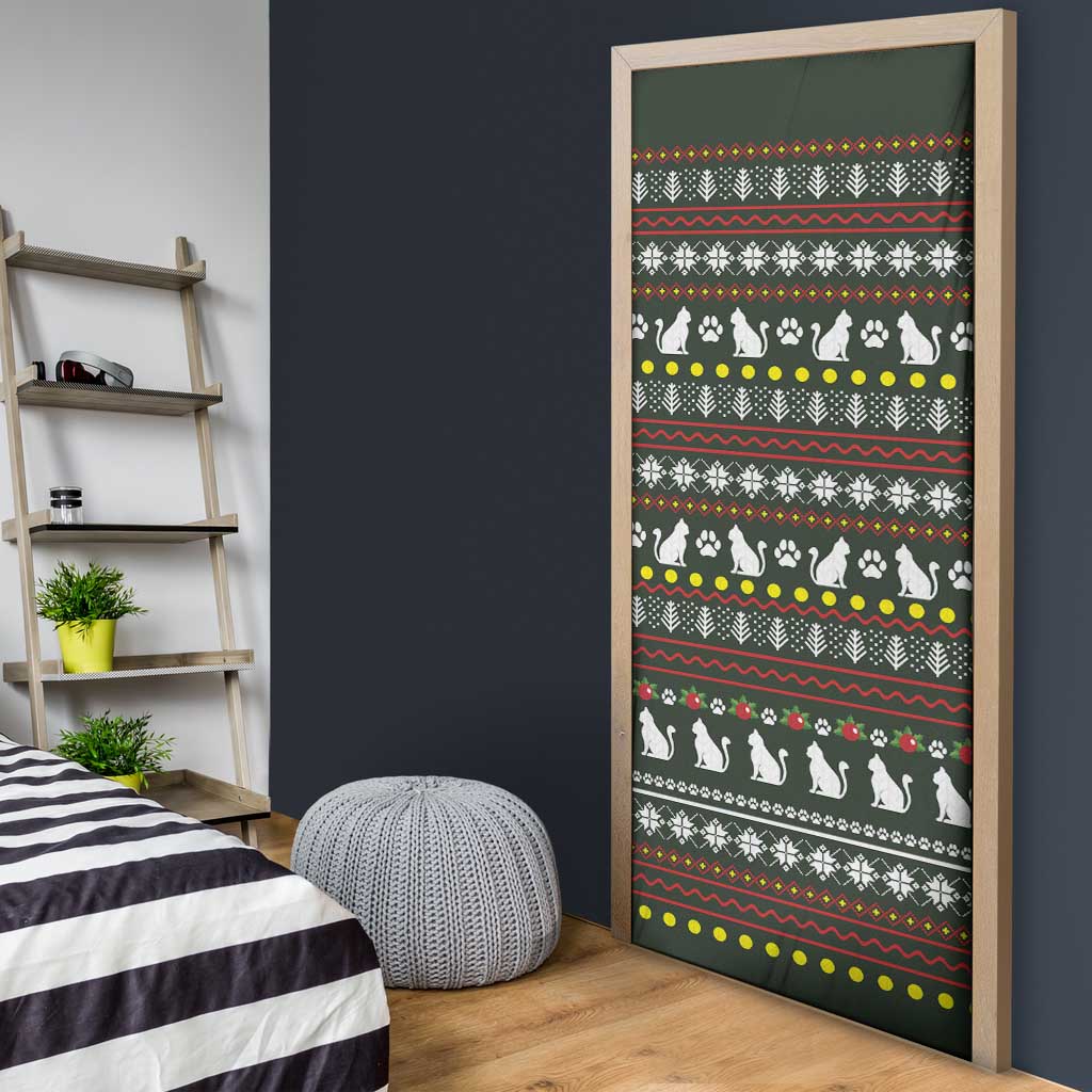 Black Cats in Stockings Door Cover with Meowy Christmas Quote on Festive Pattern Design - Wonder Print Shop