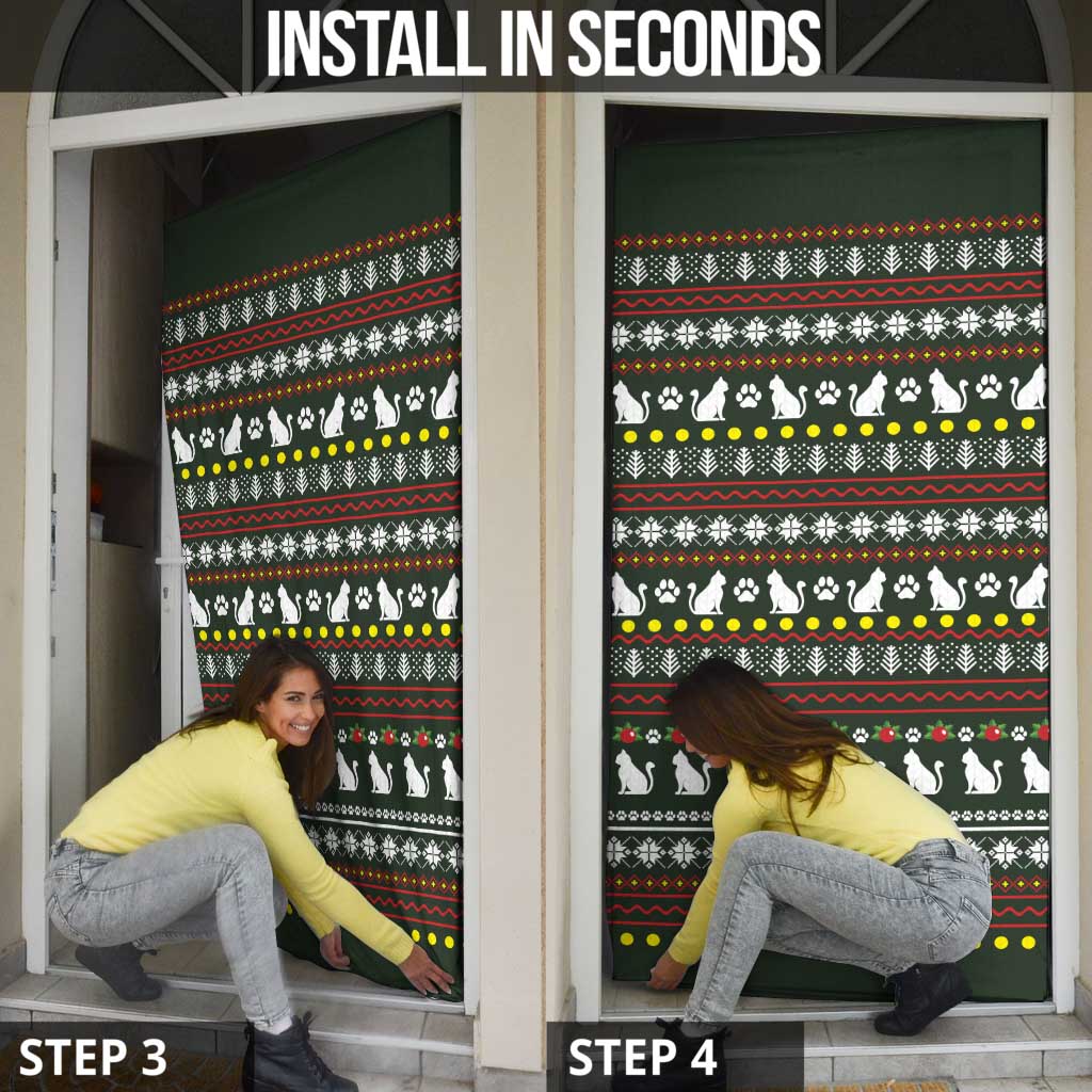 Black Cats in Stockings Door Cover with Meowy Christmas Quote on Festive Pattern Design - Wonder Print Shop