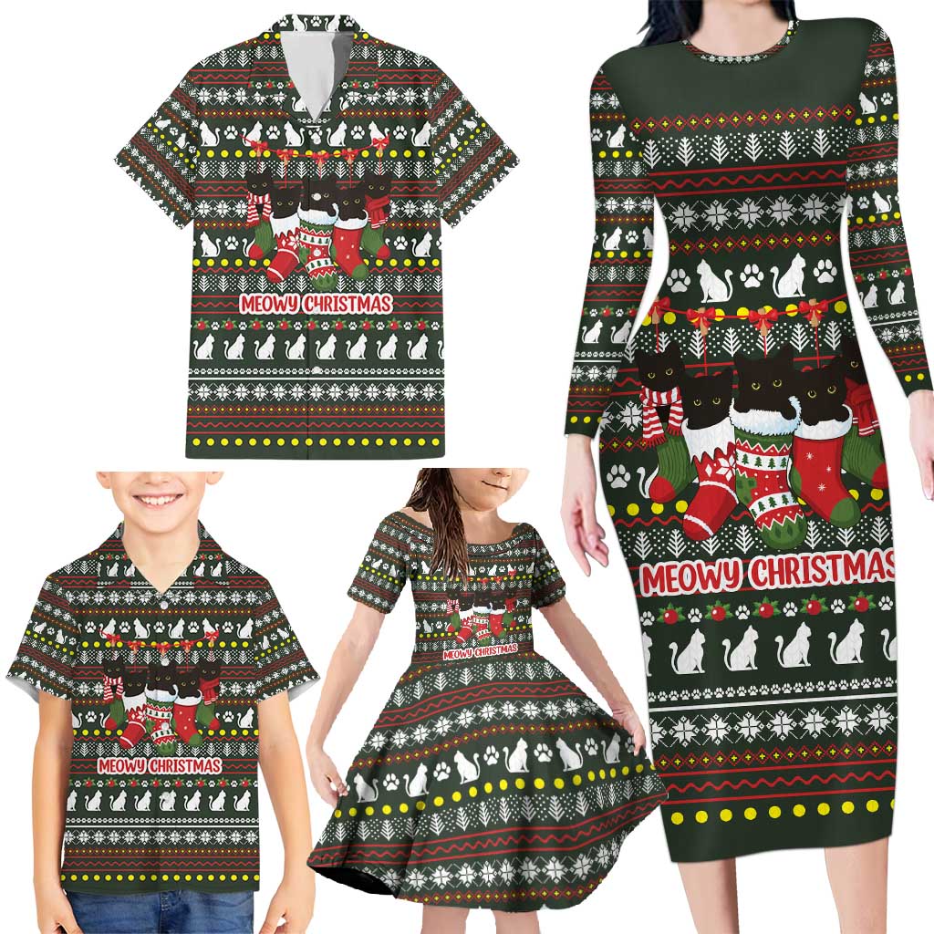 Black Cats in Stockings Family Matching Long Sleeve Bodycon Dress and Hawaiian Shirt with Meowy Christmas Quote on Festive Pattern Design - Wonder Print Shop