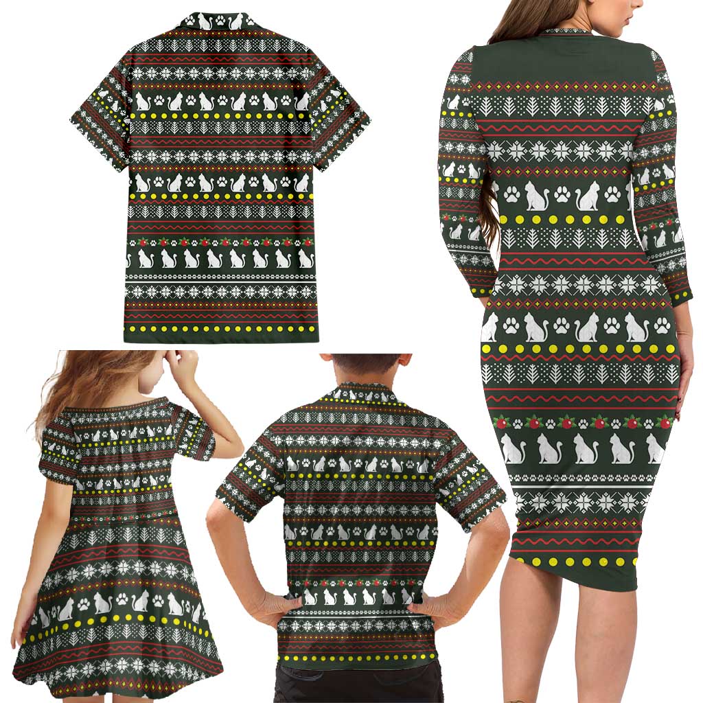 Black Cats in Stockings Family Matching Long Sleeve Bodycon Dress and Hawaiian Shirt with Meowy Christmas Quote on Festive Pattern Design - Wonder Print Shop