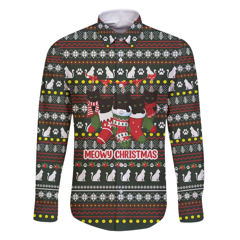 Black Cats in Stockings Family Matching Long Sleeve Bodycon Dress and Hawaiian Shirt with Meowy Christmas Quote on Festive Pattern Design - Wonder Print Shop