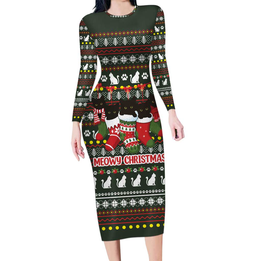 Black Cats in Stockings Family Matching Long Sleeve Bodycon Dress and Hawaiian Shirt with Meowy Christmas Quote on Festive Pattern Design - Wonder Print Shop