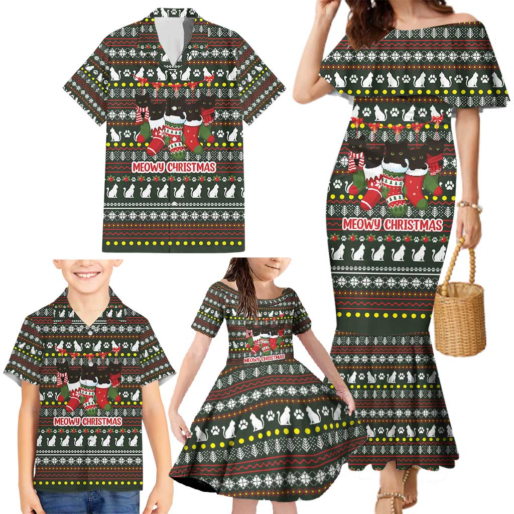 Black Cats in Stockings Family Matching Mermaid Dress and Hawaiian Shirt with Meowy Christmas Quote on Festive Pattern Design - Wonder Print Shop