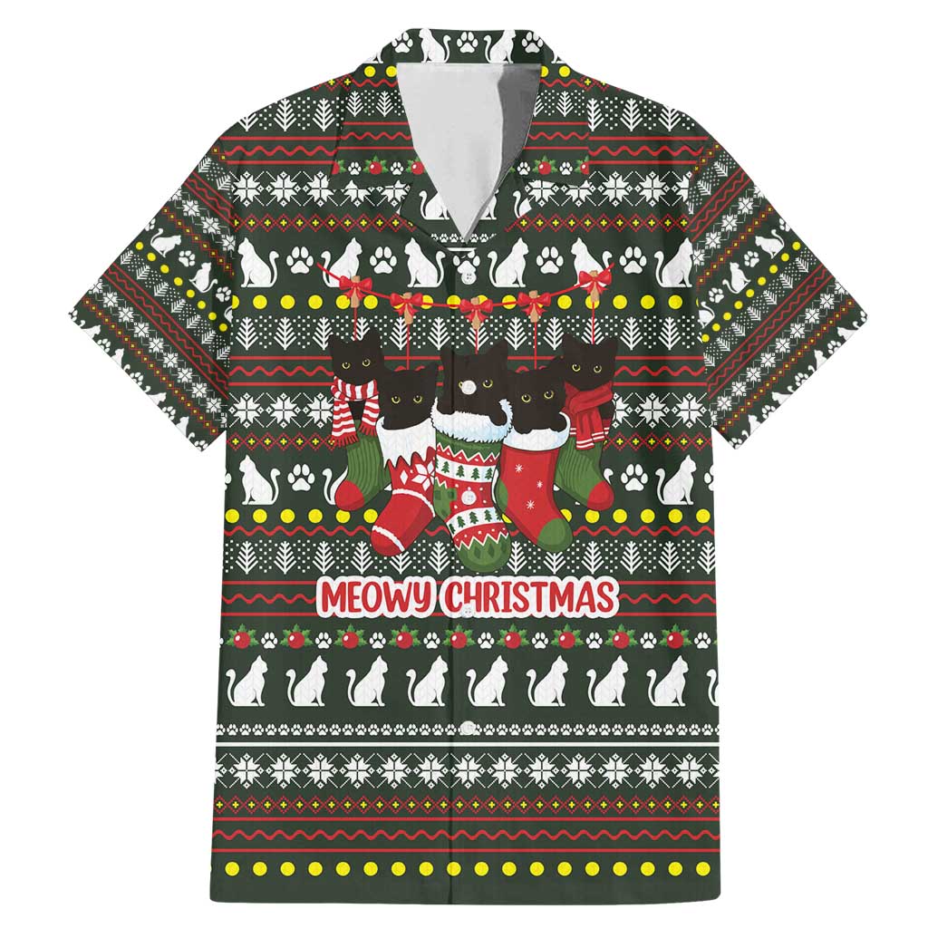Black Cats in Stockings Family Matching Mermaid Dress and Hawaiian Shirt with Meowy Christmas Quote on Festive Pattern Design - Wonder Print Shop