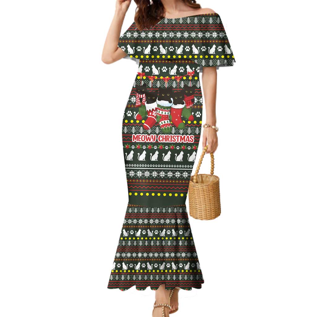 Black Cats in Stockings Family Matching Mermaid Dress and Hawaiian Shirt with Meowy Christmas Quote on Festive Pattern Design - Wonder Print Shop