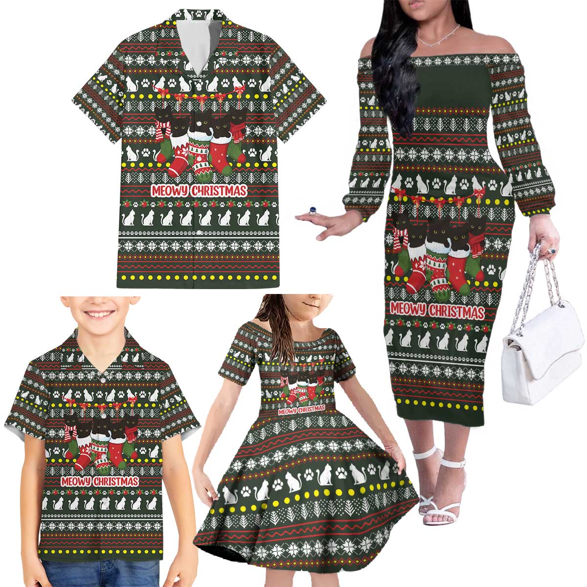 Black Cats in Stockings Family Matching Off The Shoulder Long Sleeve Dress and Hawaiian Shirt with Meowy Christmas Quote on Festive Pattern Design - Wonder Print Shop