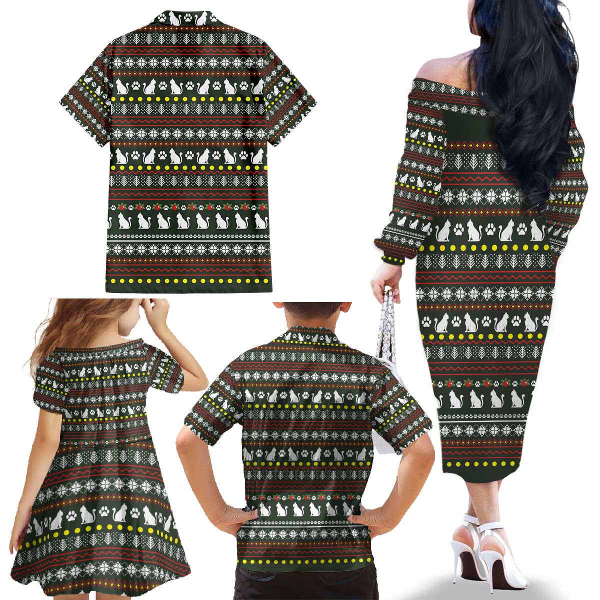Black Cats in Stockings Family Matching Off The Shoulder Long Sleeve Dress and Hawaiian Shirt with Meowy Christmas Quote on Festive Pattern Design - Wonder Print Shop