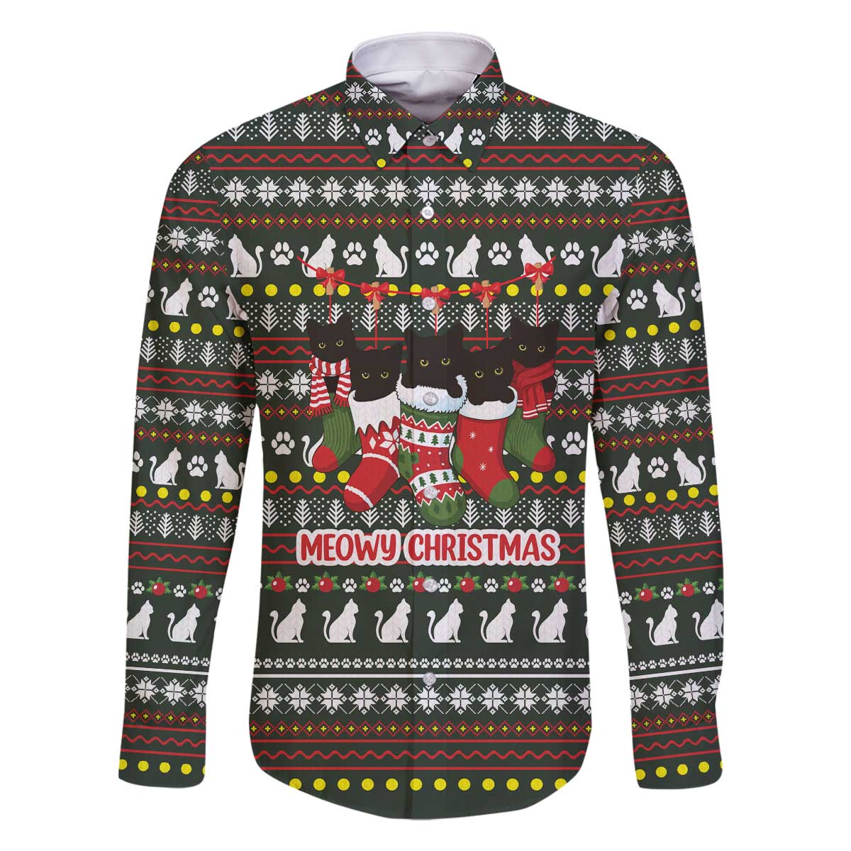 Black Cats in Stockings Family Matching Off The Shoulder Long Sleeve Dress and Hawaiian Shirt with Meowy Christmas Quote on Festive Pattern Design - Wonder Print Shop