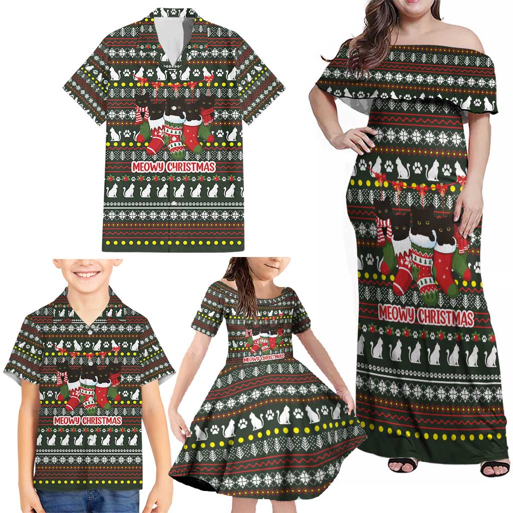 Black Cats in Stockings Family Matching Off Shoulder Maxi Dress and Hawaiian Shirt with Meowy Christmas Quote on Festive Pattern Design - Wonder Print Shop