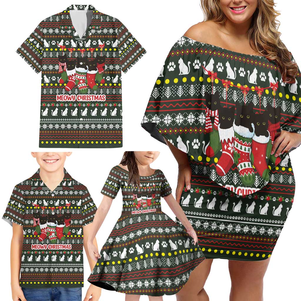 Black Cats in Stockings Family Matching Off Shoulder Short Dress and Hawaiian Shirt with Meowy Christmas Quote on Festive Pattern Design - Wonder Print Shop