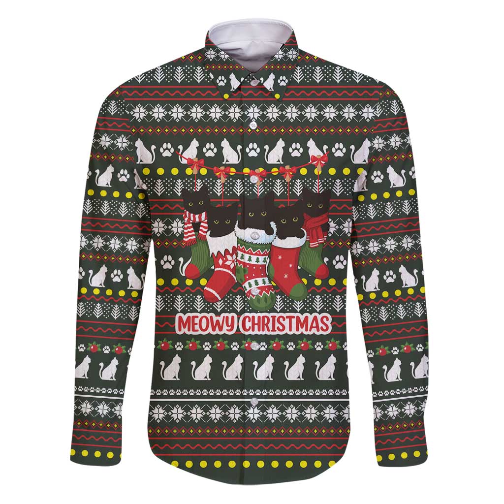Black Cats in Stockings Family Matching Puletasi and Hawaiian Shirt with Meowy Christmas Quote on Festive Pattern Design - Wonder Print Shop