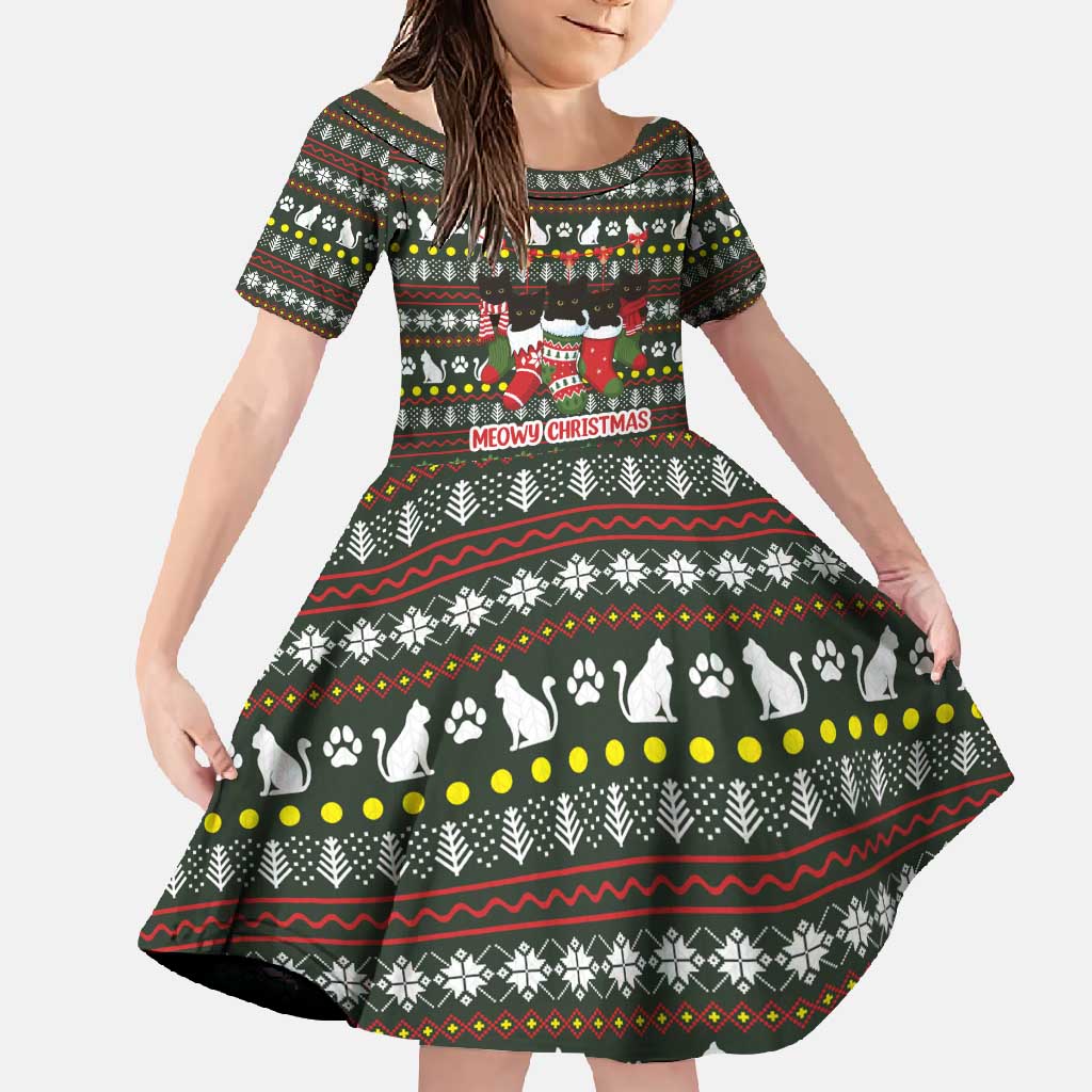Black Cats in Stockings Family Matching Short Sleeve Bodycon Dress and Hawaiian Shirt with Meowy Christmas Quote on Festive Pattern Design - Wonder Print Shop