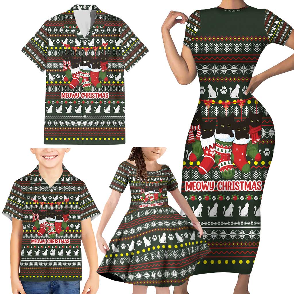 Black Cats in Stockings Family Matching Short Sleeve Bodycon Dress and Hawaiian Shirt with Meowy Christmas Quote on Festive Pattern Design - Wonder Print Shop