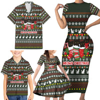 Black Cats in Stockings Family Matching Short Sleeve Bodycon Dress and Hawaiian Shirt with Meowy Christmas Quote on Festive Pattern Design - Wonder Print Shop
