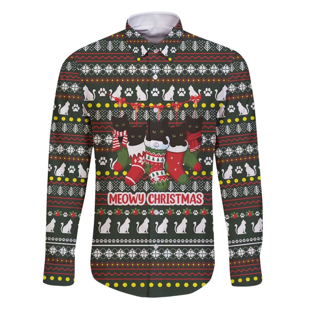 Black Cats in Stockings Family Matching Short Sleeve Bodycon Dress and Hawaiian Shirt with Meowy Christmas Quote on Festive Pattern Design - Wonder Print Shop