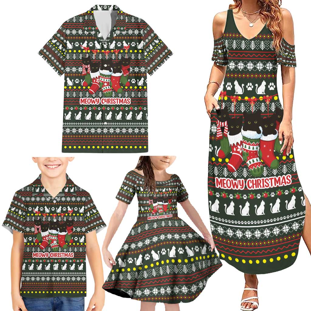 Black Cats in Stockings Family Matching Summer Maxi Dress and Hawaiian Shirt with Meowy Christmas Quote on Festive Pattern Design - Wonder Print Shop